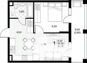 1-к квартира, строящийся дом, 39м2, 2/8 этаж