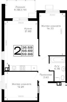 2-к квартира, вторичка, 60м2, 3/4 этаж