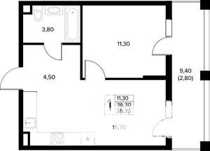 1-к квартира, строящийся дом, 39м2, 2/8 этаж