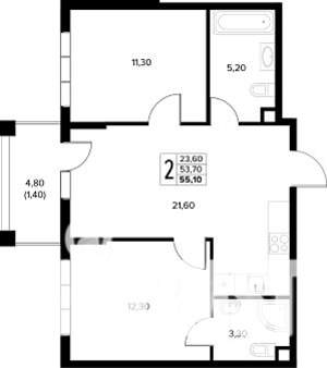 2-к квартира, строящийся дом, 55м2, 1/8 этаж