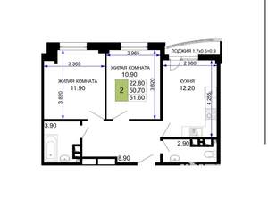 2-к квартира, сданный дом, 52м2, 5/9 этаж