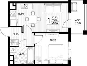 1-к квартира, строящийся дом, 37м2, 2/8 этаж