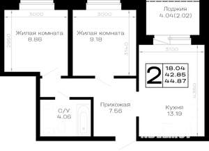 2-к квартира, строящийся дом, 45м2, 1/4 этаж
