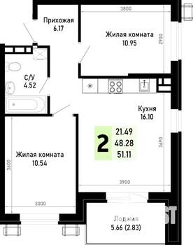 2-к квартира, строящийся дом, 51м2, 1/4 этаж