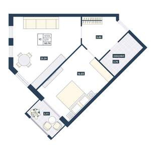1-к квартира, вторичка, 51м2, 4/9 этаж