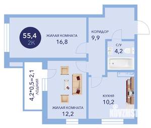 2-к квартира, вторичка, 55м2, 13/16 этаж