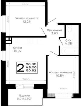 2-к квартира, строящийся дом, 51м2, 1/4 этаж