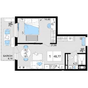 1-к квартира, строящийся дом, 47м2, 3/8 этаж