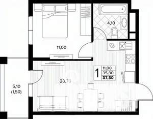 1-к квартира, строящийся дом, 37м2, 6/8 этаж