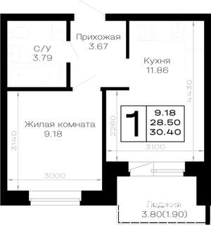 1-к квартира, строящийся дом, 30м2, 1/4 этаж