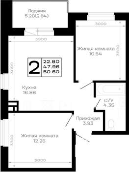 2-к квартира, строящийся дом, 51м2, 1/4 этаж