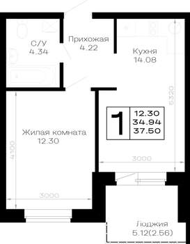 1-к квартира, строящийся дом, 38м2, 4/4 этаж