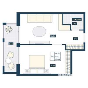 1-к квартира, вторичка, 51м2, 6/9 этаж