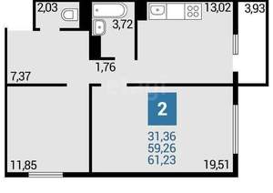 2-к квартира, вторичка, 59м2, 9/16 этаж