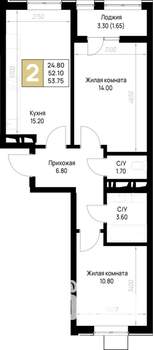 2-к квартира, строящийся дом, 54м2, 6/12 этаж
