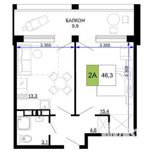 2-к квартира, строящийся дом, 46м2, 5/9 этаж