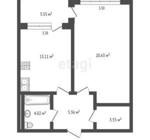1-к квартира, вторичка, 52м2, 2/12 этаж