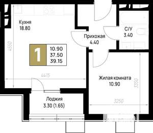 1-к квартира, строящийся дом, 39м2, 8/12 этаж