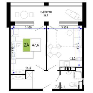 2-к квартира, строящийся дом, 48м2, 4/9 этаж