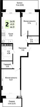 2-к квартира, строящийся дом, 66м2, 3/4 этаж