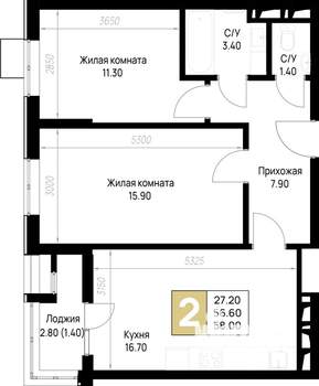 2-к квартира, строящийся дом, 58м2, 2/12 этаж