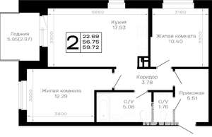 2-к квартира, строящийся дом, 60м2, 2/4 этаж