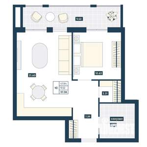 1-к квартира, вторичка, 57м2, 4/9 этаж
