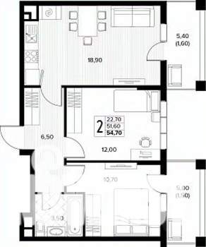 2-к квартира, строящийся дом, 55м2, 6/8 этаж