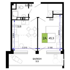 2-к квартира, строящийся дом, 45м2, 2/9 этаж