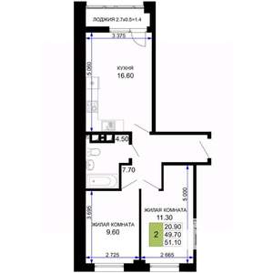 2-к квартира, вторичка, 51м2, 9/9 этаж