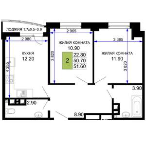 2-к квартира, вторичка, 52м2, 3/9 этаж