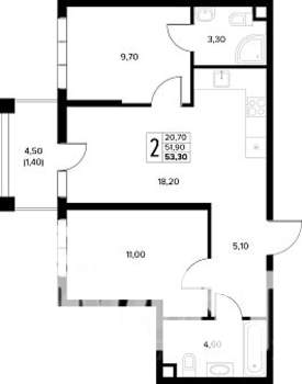 2-к квартира, строящийся дом, 53м2, 2/8 этаж