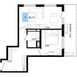 1-к квартира, строящийся дом, 54м2, 4/8 этаж