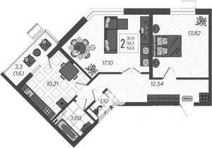 2-к квартира, вторичка, 60м2, 1/9 этаж