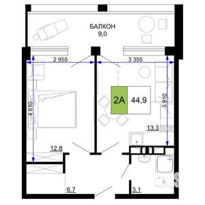 2-к квартира, строящийся дом, 45м2, 2/9 этаж