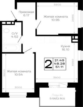 2-к квартира, строящийся дом, 51м2, 3/4 этаж