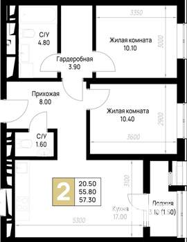 2-к квартира, строящийся дом, 57м2, 2/12 этаж