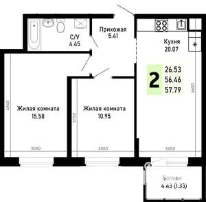 2-к квартира, вторичка, 58м2, 1/4 этаж