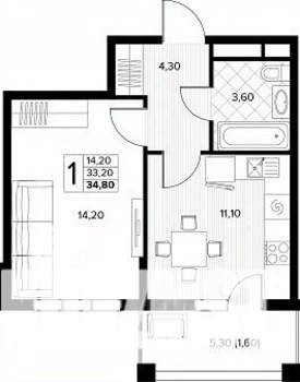 1-к квартира, строящийся дом, 35м2, 5/8 этаж