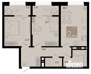 2-к квартира, строящийся дом, 56м2, 4/8 этаж