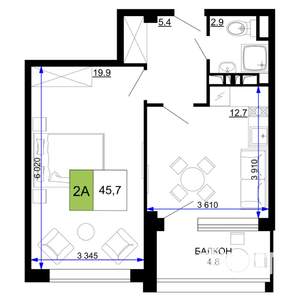 2-к квартира, вторичка, 46м2, 2/9 этаж