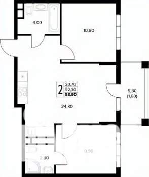 2-к квартира, строящийся дом, 54м2, 2/8 этаж