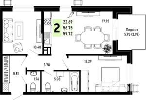 2-к квартира, строящийся дом, 60м2, 1/4 этаж