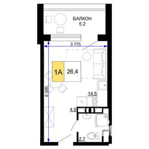 1-к квартира, строящийся дом, 26м2, 8/9 этаж
