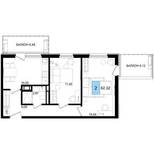 2-к квартира, строящийся дом, 62м2, 2/8 этаж