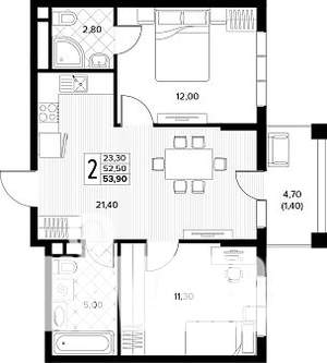 2-к квартира, строящийся дом, 54м2, 5/8 этаж
