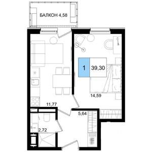 1-к квартира, вторичка, 39м2, 8/9 этаж