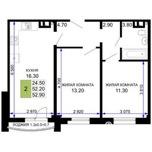 2-к квартира, строящийся дом, 53м2, 6/12 этаж