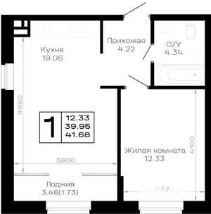 1-к квартира, вторичка, 42м2, 1/4 этаж