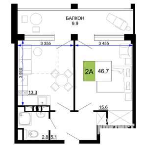 2-к квартира, строящийся дом, 47м2, 8/9 этаж